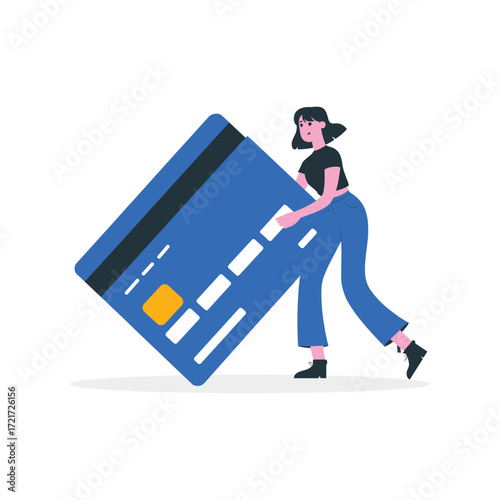 Woman holding a large blue credit card on a white background debit card payment