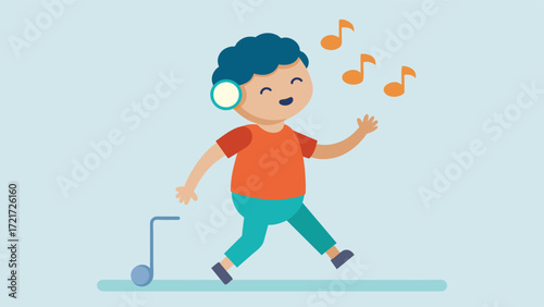 A child recovering from a traumatic brain injury learning to walk and regain motor function through the use of music and movement therapy.. Vector illustration