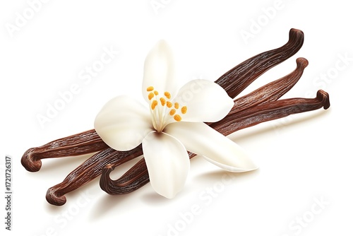 Vanilla Pods and White Flower with Orange Pollen on a White Background