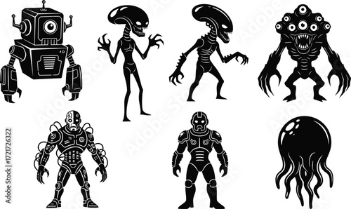 Sci-fi character illustration set, robot, alien, armored humanoid, monster, jellyfish creature, futuristic design, extraterrestrial, black and white artwork