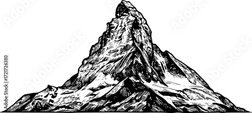 Monochrome mountain peak illustration in detailed line art style. Vector illustration