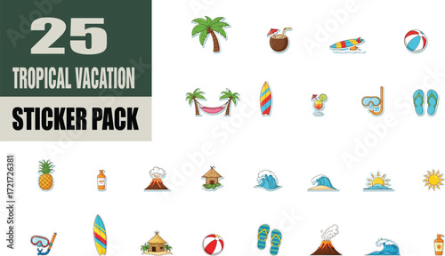 Tropical Vacation Sticker Pack with Summer Holiday Icons including Palm Trees Beaches and Exotic Drinks for Scrapbooking and Creative Projects