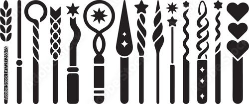 Collection of Elegant Black and White Wands with Decorative Elements on Isolated Background