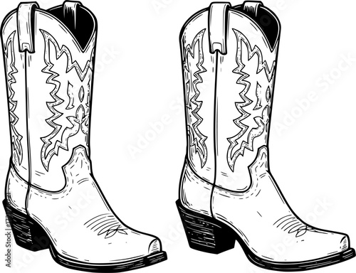 Detailed illustration of classic cowboy boots in black and white sketch style. Vector illustration