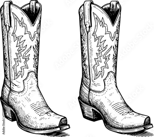 Detailed illustration of classic cowboy boots in black and white sketch style. Vector illustration