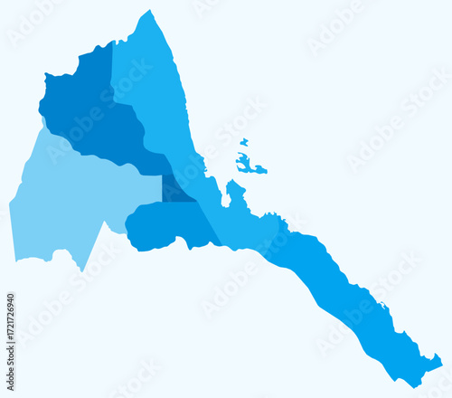 Map of Eritrea with regions. Just a simple country border map with region division. Light blue color palette. Plain State of Eritrea shape with administrative division. Vector illustration.