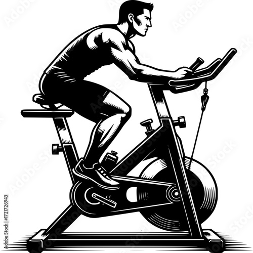 Energetic Gym Ride: A focused individual intensely pedals on a stationary bike, embodying fitness and discipline within an indoor environment, showcasing an active lifestyle.