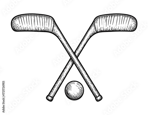 Two crossed hockey sticks with a puck in the center, in a vintage style drawing