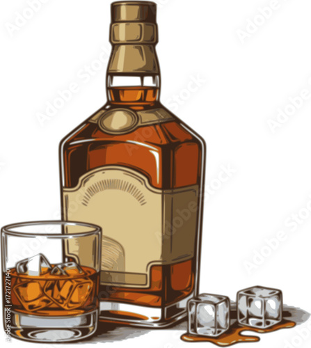 Detailed illustration of whiskey bottle with glass and ice cubes, vintage style. Vector illustration