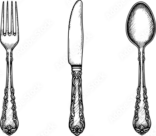 Vintage black and white sketch of fork, knife, and spoon utensils. Vector illustration