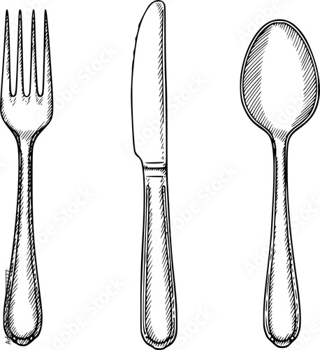 Vintage black and white sketch of fork, knife, and spoon utensils. Vector illustration
