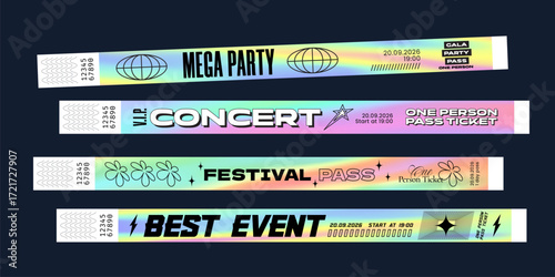 Festival Wrist Band Party Bracelet Mockups Set. Hologram Gradient Music Concert Event Wristband Bright Color Pass Templates. Vector Entry Stickers. Neon Style Access Arm Paper Admission Lanyards