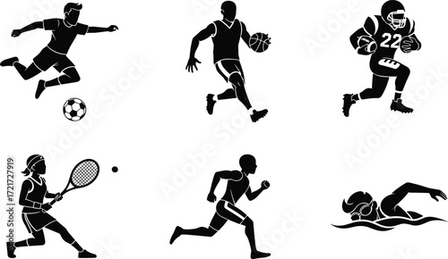 Sports illustration set, soccer, basketball, American football, tennis, running, swimming, athletic activities, fitness, black and white design