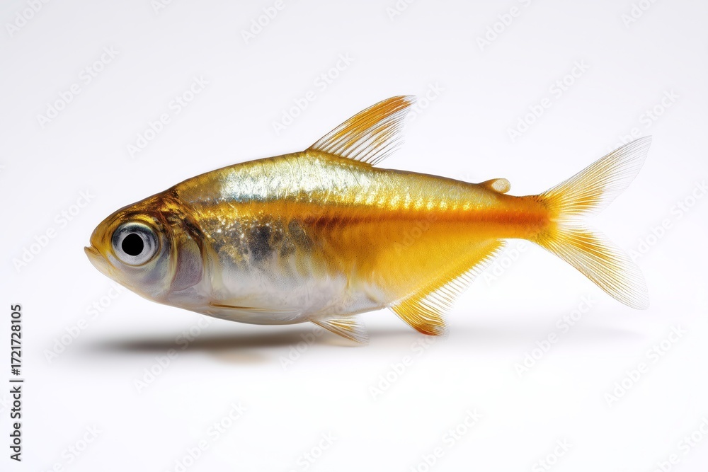 Fototapeta premium Studio close-up of a gold neon tetra fish with shimmering golden scales, tropical freshwater aquarium species isolated on white background