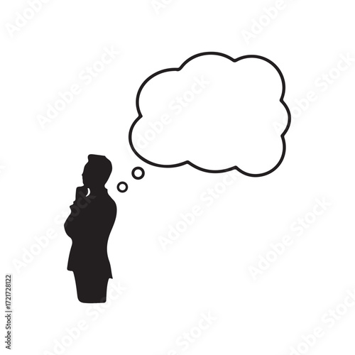 Silhouette of a man thinking with a blank thought bubble isolated on white background