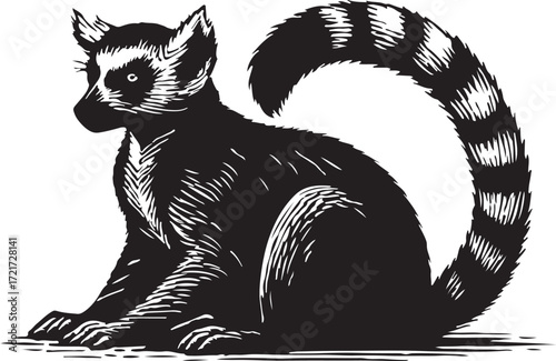 Striking black and white woodcut illustration of a ring tailed lemur sitting attentively with its iconic striped tail curled