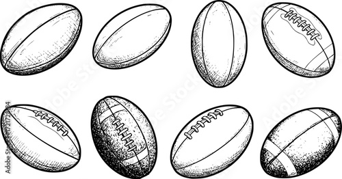 Collection of eight sketchy rugby balls with varied patterns in black and white. Vector illustration