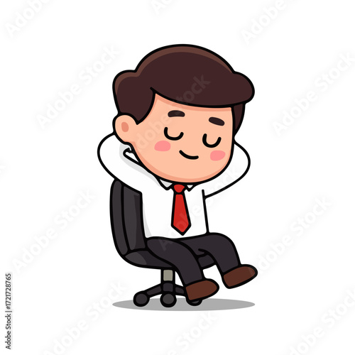 Cute office worker cartoon character relaxing on chair with calm expression. Businessman chibi illustration sitting in office chair taking a break.