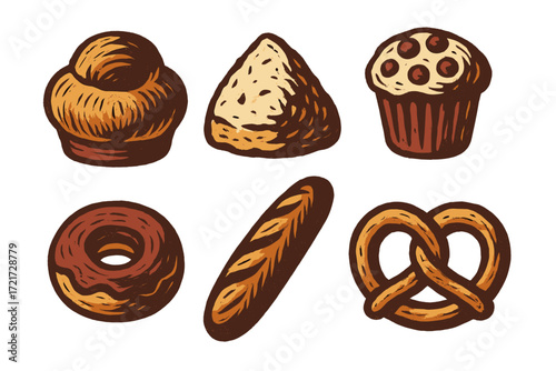 Assortment of freshly baked pastries and breads including a sweet muffin, chocolate donut, savory pretzel, crusty baguette, and soft bun