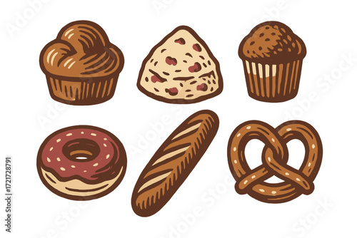 Assortment of delicious baked goods including sweet muffins, glazed donut, crusty baguette, and savory pretzel