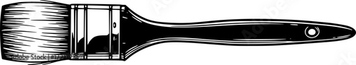 Black and white illustration of a detailed paintbrush with wooden handle. Vector illustration