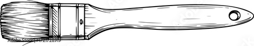 Black and white illustration of a detailed paintbrush with wooden handle. Vector illustration