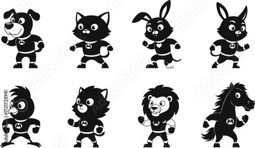 Superhero animal illustration set, dog, cat, rabbit, bird, lion, horse, heroic mascots, cartoon characters, black and white design