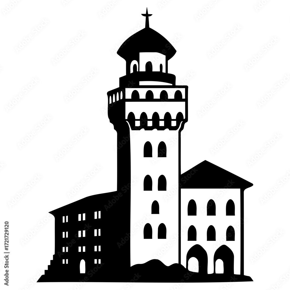 Obraz premium Silhouette of a casyle with tall tower and a domed top, and a cross on top of it, with adjacent buildings shown