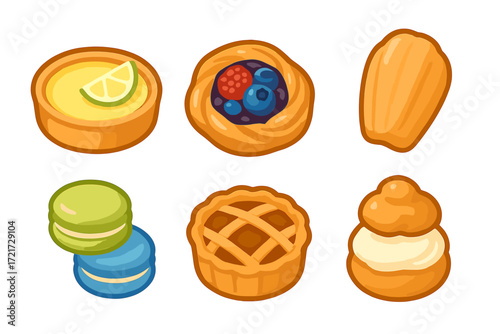 Colorful assortment of sweet baked goods and desserts with fruit tarts, macarons, pie, cream puff, and madeleine