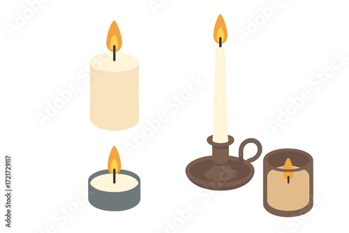 Collection of various lit candles including pillar, taper, tea light, and jar candles with warm glowing flames