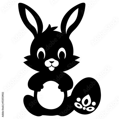 Silhouette of a cute bunny holding a white circle with a decorated egg next to it in black and white