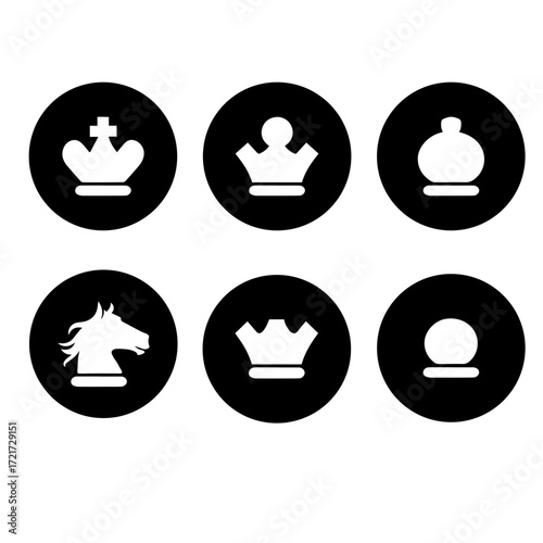 Illustrative representation of six chess pieces in black circles on a white background design element