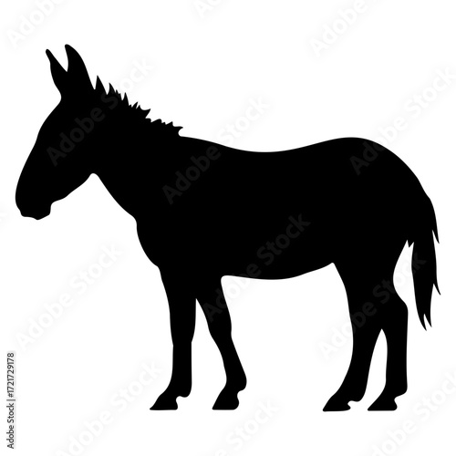 Silhouette of a donkey standing in profile with long ears and short mane on a white background image