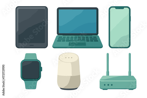 Contemporary electronic gadgets for personal and home use, featuring a tablet, laptop, smartphone, smartwatch, smart speaker, and Wi-Fi router