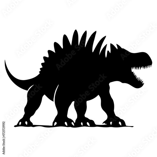 Silhouette of a spiky dinosaur with an open mouth and sharp teeth standing on all fours in black