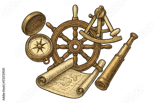 Vintage nautical navigation tools including ship wheel, compass, sextant, telescope, and old map for maritime exploration