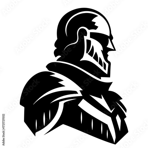 Illustration of a stylized knight in black and white with detailed armor and a determined profile view