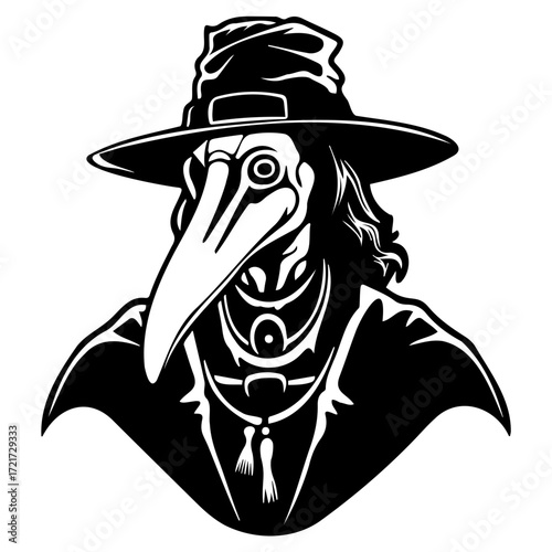 Illustration of a plague doctor with a hat and mask in black and white vector design style art