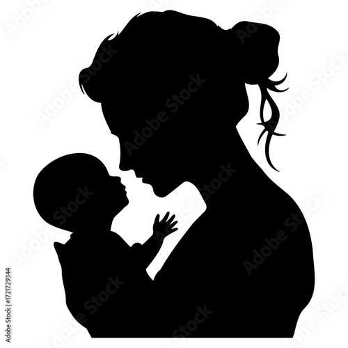 Silhouette of a mother holding her baby close in a tender moment of love and connection in black and white