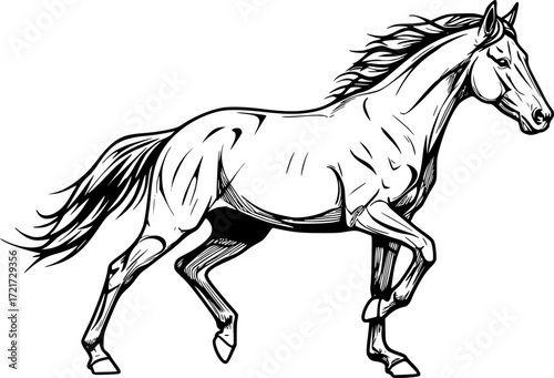 Stylized black and white line drawing of a galloping horse in motion. Vector illustration