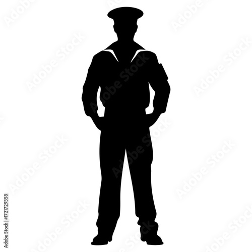 Silhouette of a sailor in uniform standing with hands on hips and wearing a cap in full body view