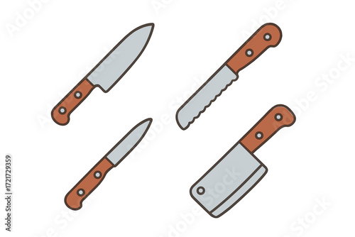 Collection of essential kitchen knives: chef's knife, bread knife, paring knife, and cleaver for food preparation