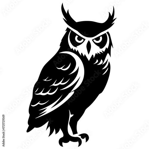 Illustration of a horned owl standing tall with piercing eyes and detailed feather patterns in black and white