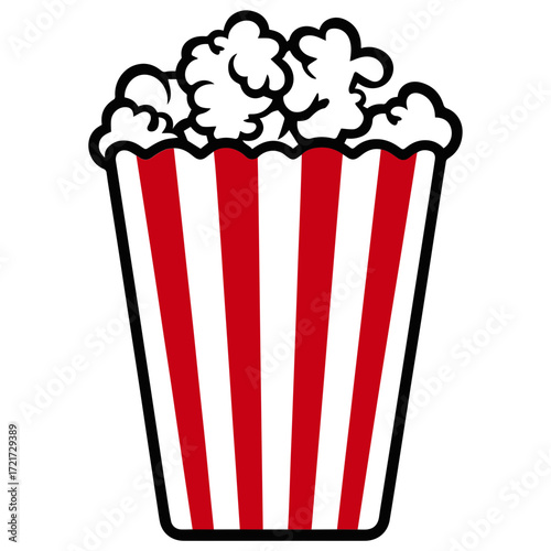 Illustration of a classic popcorn container with red and white stripes filled with fluffy white popcorn