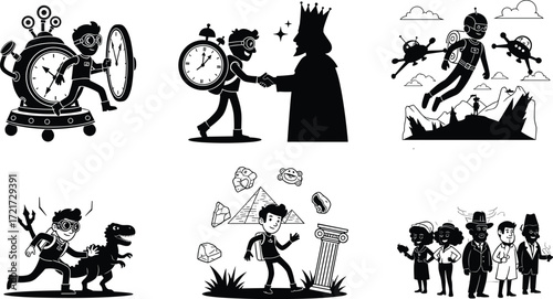 Time travel adventure illustrations, prehistoric dinosaur, ancient pyramid, futuristic jetpack, historical figures, clock machine, fantasy exploration, black and white set