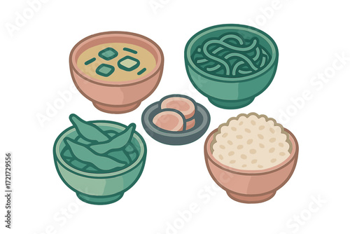 Traditional Japanese cuisine meal set featuring miso soup noodles edamame rice and pickled ginger