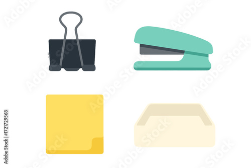 Essential office supplies collection with binder clip, stapler, sticky note, and inbox tray for workplace organization