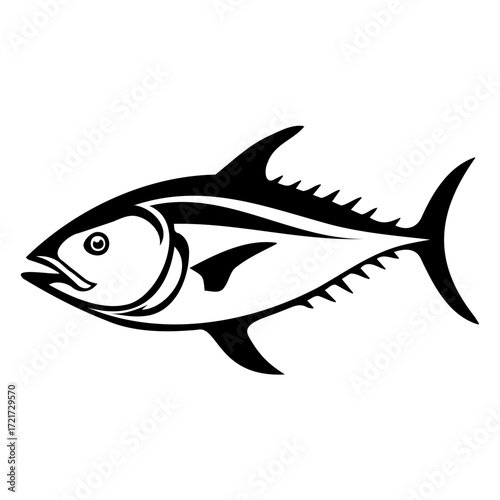 Illustration of a tuna fish with detailed fins and gills in black and white vector format design style