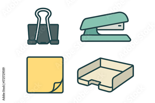 Office supplies set with binder clip, stapler, sticky note, and paper tray for desk organization