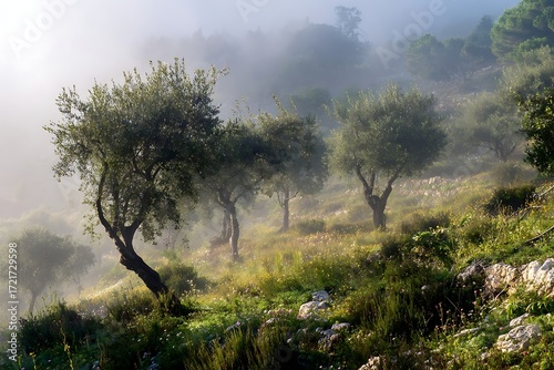 Enchanting olive grove shrouded in morning mist creating a serene and peaceful atmosphere perfect for travel blogs or Mediterranean lifestyle content